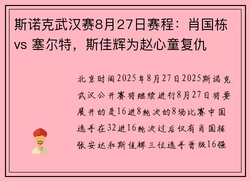 斯诺克武汉赛8月27日赛程：肖国栋 vs 塞尔特，斯佳辉为赵心童复仇